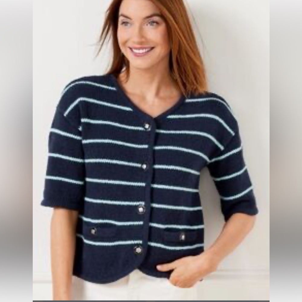 TALBOTS ELBOW SLEEVE SWEATER JACKET INDIGO BLUE/BLUE ICE STRIPE SZ Petite